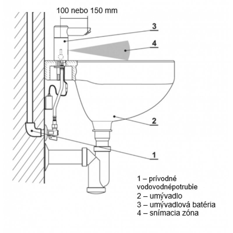 ABU 03.2D - Stojánková nerez. um. baterie; přívod teplé a studené vody + skrytý směšovač vody; ramínko 150 mm; 6 V